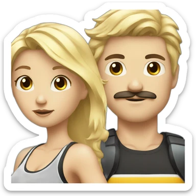 Blonde girl going to the gym with a black haired white guy with a moustache  sticker