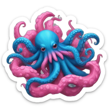 a blue kraken fighting  has another pink kraken sticker