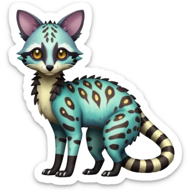 Rare realistic shiny warm-colored lush exotic cute edgy epic futuristic aesthetic gloomy spooky dark modern colorful cyber-Genet-Trico-species-Fakemon-hybrid-creature, with beautiful intricate markings, full body sticker