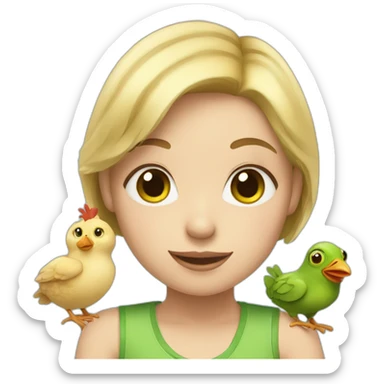 girl with short blond hair with green eyes and pet frog and two chickens sticker
