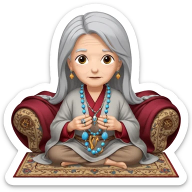 An old woman sits on a Persian rug with a rosary, a large ring, a long hair, but she is beautiful and modern, wearing a robe, and looks at the camera with amazement. sticker