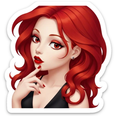 a pretty woman with long red hair and red eyes. The woman wear a black little cutted dress. She have red lipstick and she have a seductive look. She send a kiss sticker