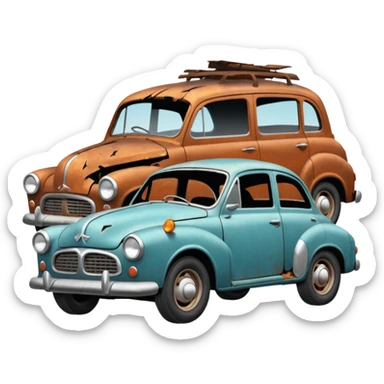 Side view of a broken-down old car with steam from the bonnet, shattered windows, rusted doors, a flat tire, dents, peeling paint, and a grimy, neglected look. sticker