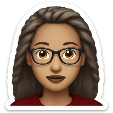 light skin, dark brown hair, blue eyes, long straight hair, girl wearing aesthetic dark red sweater, glasses, light colored lips sticker