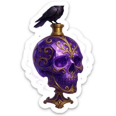 luxurious crystal elixir bottle in the shape of a skull, violet color, lots of glowing, facets, ornaments, golden details, magical effects, very small golden neck, transparent background, beautiful connected base, clearly floating in the air, no base or shadow, small crow sitting on top of the bottle, premium class design, matching the collection sticker