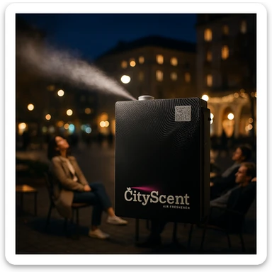 Add a soft, realistic scent mist effect coming from the left side of the CityScent air freshener machine. The scene is realistic, with people relaxing and enjoying the scent in a city square at nightfall. sticker