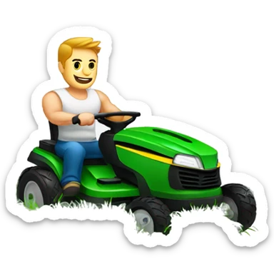 A muscular white man with tattoos cutting grass with a lawn mower sticker