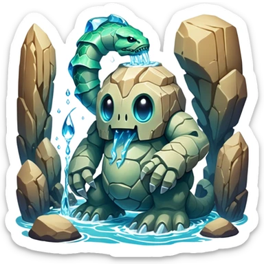 Design a unique elemental sandstone guardian golem creature that combines the crystalline rock golem's defensive fortitude with the spectral water serpent's fluid grace, perhaps creating a being with a segmented stone core that flows like water and channels ghostly aquatic energy through embedded gems. fluorescent bioluminescence between the cracks sticker