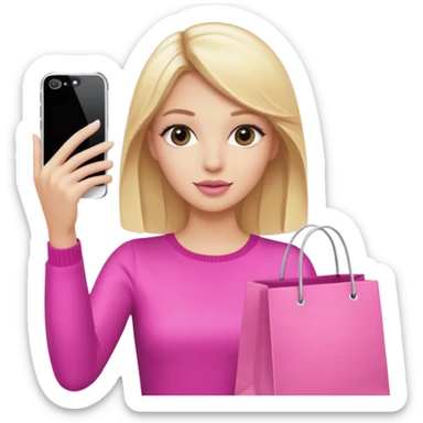 Blond influencer taking selfie with an iphone with one hand and a pink shopping bag next to her  sticker