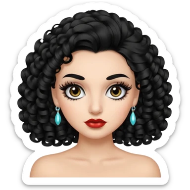 generate the emoji of a girl with fair skin, black hair, bombshell curls, black eyes, long false eyelashes, black eyebrows, latina makeup sticker