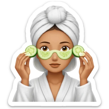 woman at the spa with cucumbers slices covering her eyes and tan skin tone with towel completely covering hair and robe on sticker