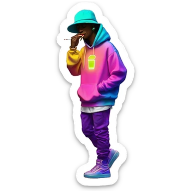 Multicoloured neon person smoking wearing hoodie dancing hip hop bucket hat tropical Skater fashion aesthetic baggy clothes graphic t shirt 420 sticker