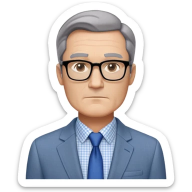 Middle-aged man around 50 with oversized square jawline that's broader than his forehead. Large dark square-framed glasses, short straight hair with subtle graying and side part. Serious expression. Light gray blazer, white button-up shirt with blue checkered pattern. sticker