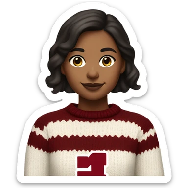 Girl with dark brown hair and warm toned white skin wearing a crimson and white sweater with the black crimson and white Harvard University logo on it  sticker