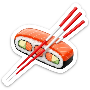 Japanese cuisine humanless avatar in minimalist emoji-style illustration. Sushi, roll and 2 chopsticks, clean lines, red white colors, flat design, calm and modern. sticker