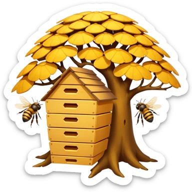 A small hive nestled between tree branches with worker bees. sticker