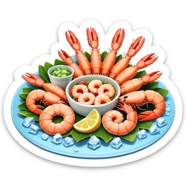 Create a realistic seafood platter with cooked prawns, ice, & garnish. sticker