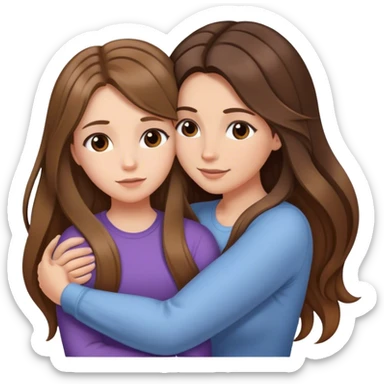 Mom with long balayage beautiful hair and daughter with long brown hair hugging sticker
