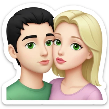 A blonde girl with fair skin and green eyes and light pink lips a guy with black hair and fair skin and green eyes are kissing sticker