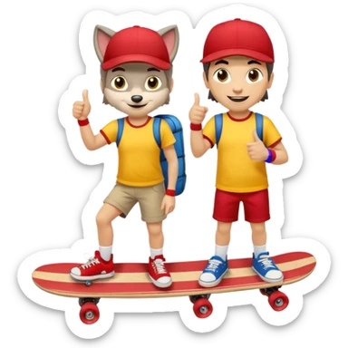 A gray wolf with large, expressive eyes and a friendly smile. The gray wolf is wearing a bright yellow T-shirt, red shorts, white knee socks, and sneakers. The baseball cap is worn backwards. The wolf holds a skateboard in one hand and gives a thumbs-up with the other, a confident and cheerful pose. sticker