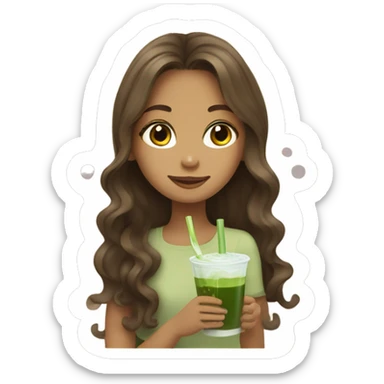 A brown wavy haired girl who’s drink matcha with long hair  sticker