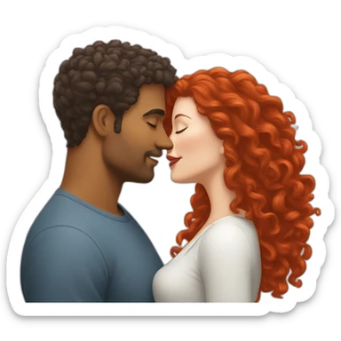 Brown man with a hair cut fade kissing a White woman with long red curly hair sticker