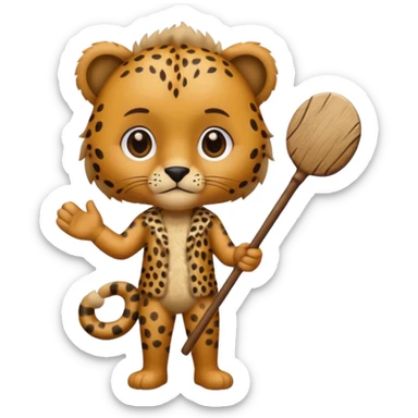 Give me a human who has hunch back and wearing cheetah print clothes  lot of hair on his body show full body and has a stick in his hand sticker