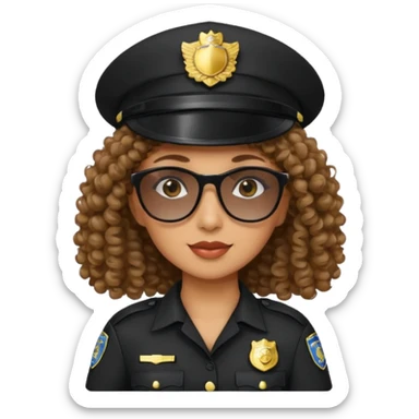 woman police wearing black dress with sun glasses curly hair and hat sticker