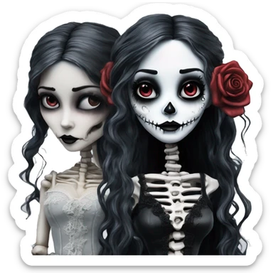 full body, hyper realism, full height skeleton, tim burton "corpse bride", thin porcelain doll with a cracked face, goth makeup watery eyes, long hair, lace and ruffles, lolita style, inked, black and white, red roses sticker