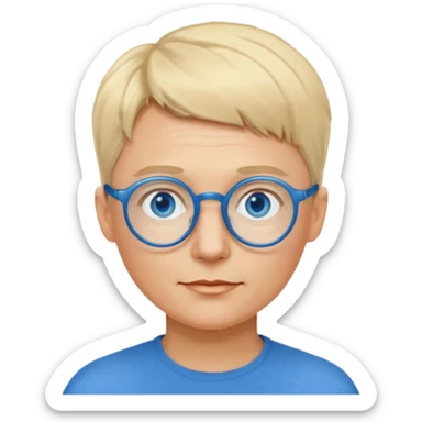 woman 50 years old, very short blonde hair like a man, blue eyes and blue round glasses sticker