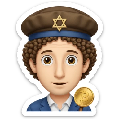 A Jewish man with a big nose and curly hair wearing a Jewish hat with his eyes as coins sticker