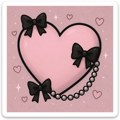 pastel goth heart with black bows and pearls, soft pink and black, cute gothic style sticker
