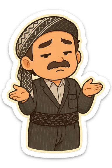Create a colorful and cheerful cartoon sticker of a Kurdish man wearing the same clothes and scarf as the reference image, with no changes to the outfit or scarf. The face should have an indifferent or 'I don't know' expression similar to the 🤷‍♂️ emoji. Both hands are open and shoulders raised. The image should have no shadows or color halos around it, no text, and a completely transparent background. Suitable for WhatsApp and Instagram. sticker