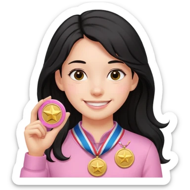 black haired girl wearing pastel pink with medals remove any hats, make her smile, make her hair longer sticker