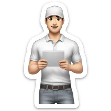 Pale skinned fit Man with dark brown hair in a white cap, gray jeans and gray polo T-shirt keeping a pasted with tape white box into his hands sticker