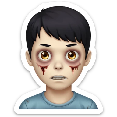 Garoto zombie, de cabelo preto, olhos castanhos claros, cabelo um pouco cacheado com franja sticker