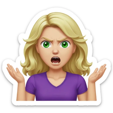 lady with long wavy blonde hair, purple top, green eyes, shouting and looking very angry sticker