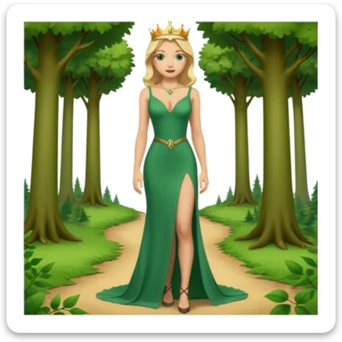 Queen, crown, blonde hair, green eyes, long green tight dress, decoltee,  Leg slit, whole Body, Background forest  sticker