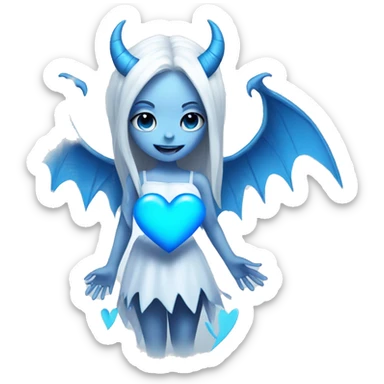 White Demon girl with blue horns and wings holding a blue heart  sticker