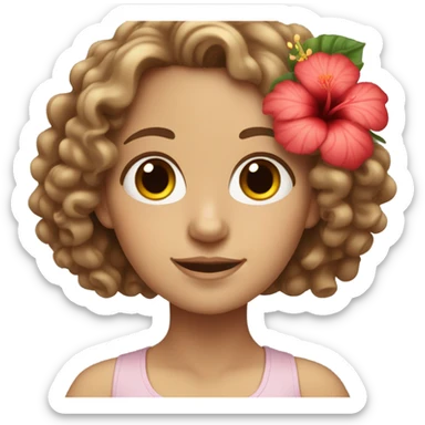 Skin tone white girl with hibiscus flower in brown curly hair sticker