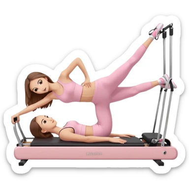 pretty caucasian teen with hazel eyes long brown hair wearing light pink workout clothes doing a plank on a pilates reformer sticker