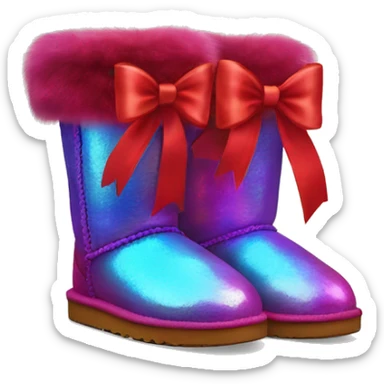 Pair of iridescent red Ugg fur boots with red silk ribbon bows. sticker