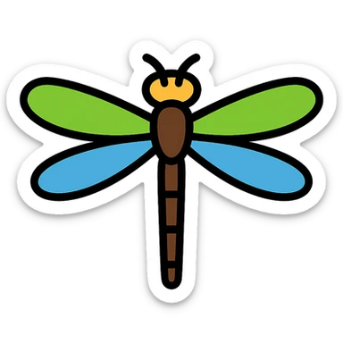 Create a more minimalist version of a realistic dragonfly with bright green and blue wings, in the color outline icon style. Simplify the shapes and details while keeping the vibrant wing colors and the overall dragonfly form. sticker