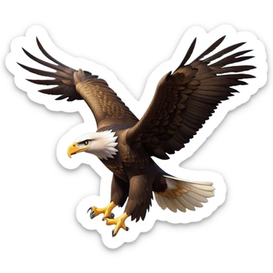 cinematic-eagle-realistic-full-body-soaring-emoji,-massive-wings-spread-wide-against-the-open-sky,-sharp-beak-curved-and-powerful,-piercing-golden-eyes-scanning-the-land-below,-strong-feathered-legs-tucked-tight,-dark-brown-feathers-contrasting-against-the-clouds,-simplified-yet-realistic-focused-features,-highly-detailed,-glowing-with-a-regal-majestic-glow sticker