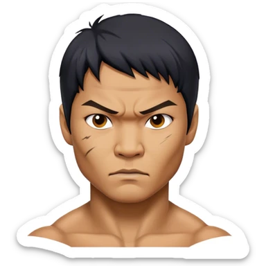 ​Cinematic Realistic Portrait of Tony Jaa, a close-up depiction capturing his intense, determined expression and finely detailed features, rendered with dramatic natural lighting that emphasizes his rugged athleticism and unmistakable martial arts presence, sticker
