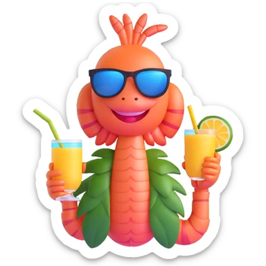 shrimp on vacation wearing sunglasses and a hawaiian shirt, holding a tropical drink, relaxing on a beach, memoji style sticker