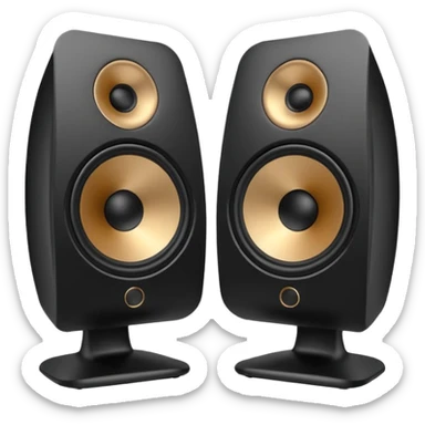 pair of big speakers emoji, deep matte black metal body, circular speaker cones with subtle depth, smooth rounded edges, minimalistic futuristic 3D style, luxury aesthetic sticker