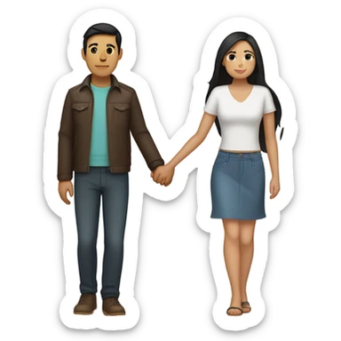a couple holding hands. the guy has black middle part hair and is Persian and Filipino mix, wearing a jacket. the girl has brown hair white and asian mix, wearing a crop top. sticker