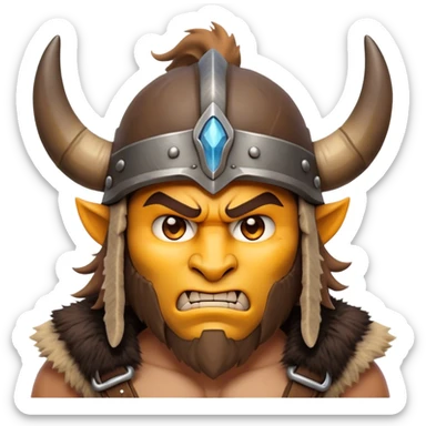 Clash of Clans aesthetic: Cinematic Fierce Barbarian Portrait Emoji, Poised and bold with a rugged yet cartoonish build in tattered furs and a horned helmet, his face rendered in a natural skin tone (not yellow), expressive bright eyes and a confident smirk, Simplified yet dynamic features, highly detailed, glowing with a vivid, adventurous aura, high shine, heroic and spirited, stylized with an air of medieval warrior charm, focused and energetic, soft glowing outline, capturing the essence of a fearless barbarian adventurer ready to lead his clan with spirited valor! sticker