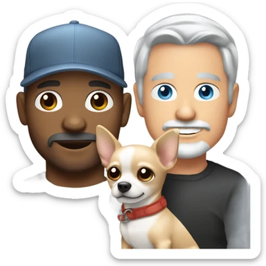 blue eyed man with gray hair and goatee wearing ball cap holding chihuahua with long black hair sticker